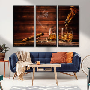 Whiskey and Cigar Wall Art Canvas | 3 Panel Bar Room Decor