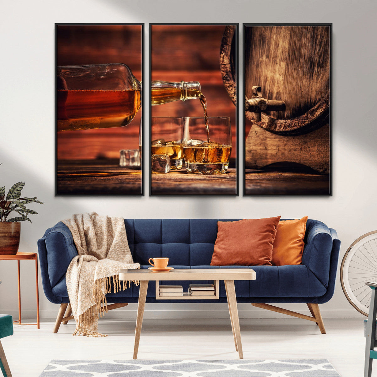 Whiskey and Cigar Canvas Wall Art | 3 Panel Bar Room Decor