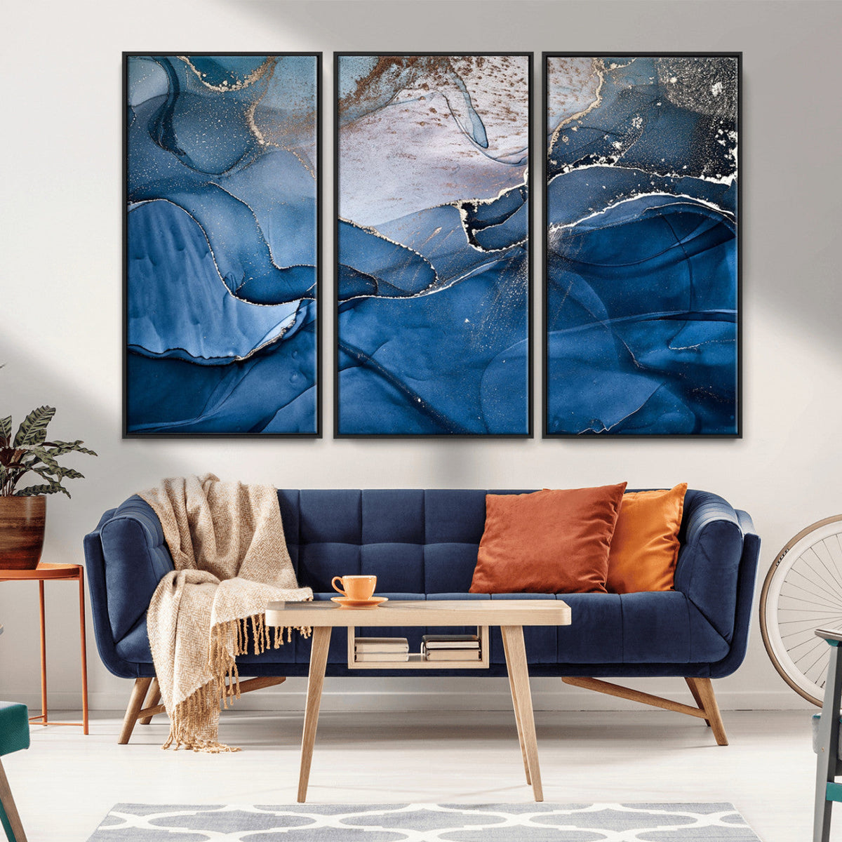 Navy Blue Canvas Art Abstract Print – Elegant Triptych
