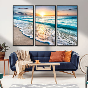 Sunset Beach Waves Canvas Wall Art – 5-Panel Ocean Sunset