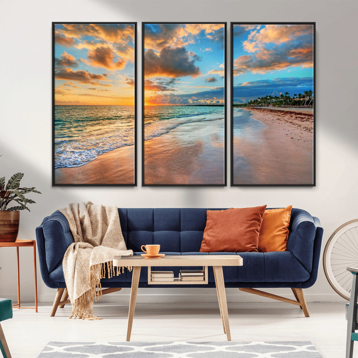 Sunset Ocean Waves on Tropical Beach, 3-Panel Giclee Canvas