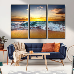Golden Sunset Ocean Waves Wall Art Canvas Print – Multi
