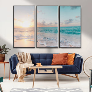 Tranquil Ocean Beach Sunset Canvas Wall Art | 3-Panel