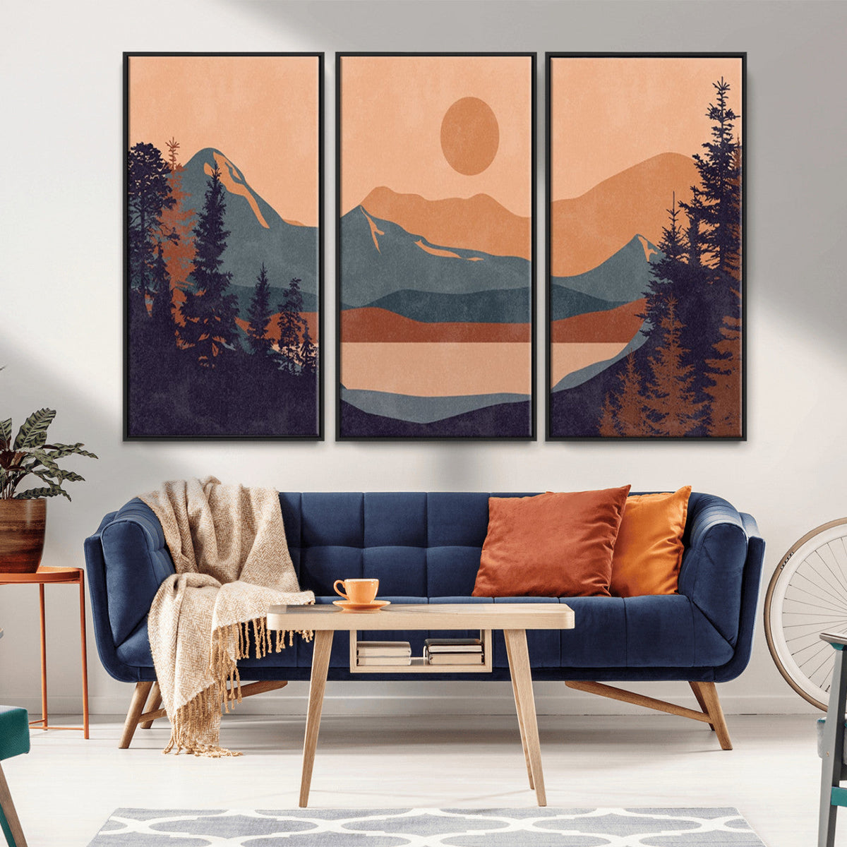 Modern Boho Sunset Canvas Print, Mountain Landscape Triptych
