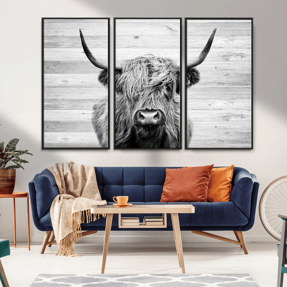 Scottish Highland Cow Cattle Art Print on Wood Background