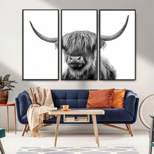 Grayscale Scottish Highland Cow Cattle Art Print Farmhouse