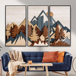 Woodland Mountain Landscape Triptych, Giclee Canvas Art for
