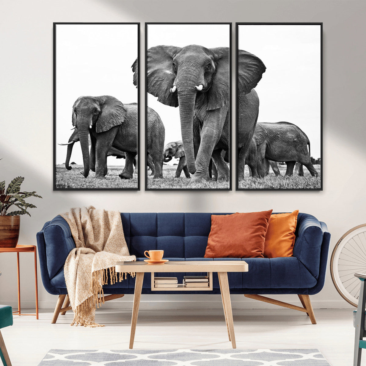Black White Elephant Family Wall Art Canvas Print