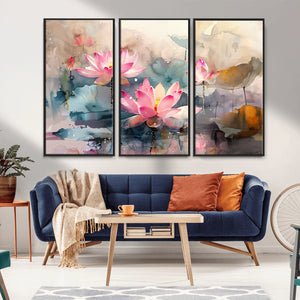 Lotus Flower Wall Art | 3-Panel Giclee Canvas Print of Pink