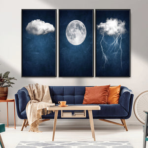 Dark Blue Cloud Art, 3 Piece Indigo Blue Wall Art, Aesthetic