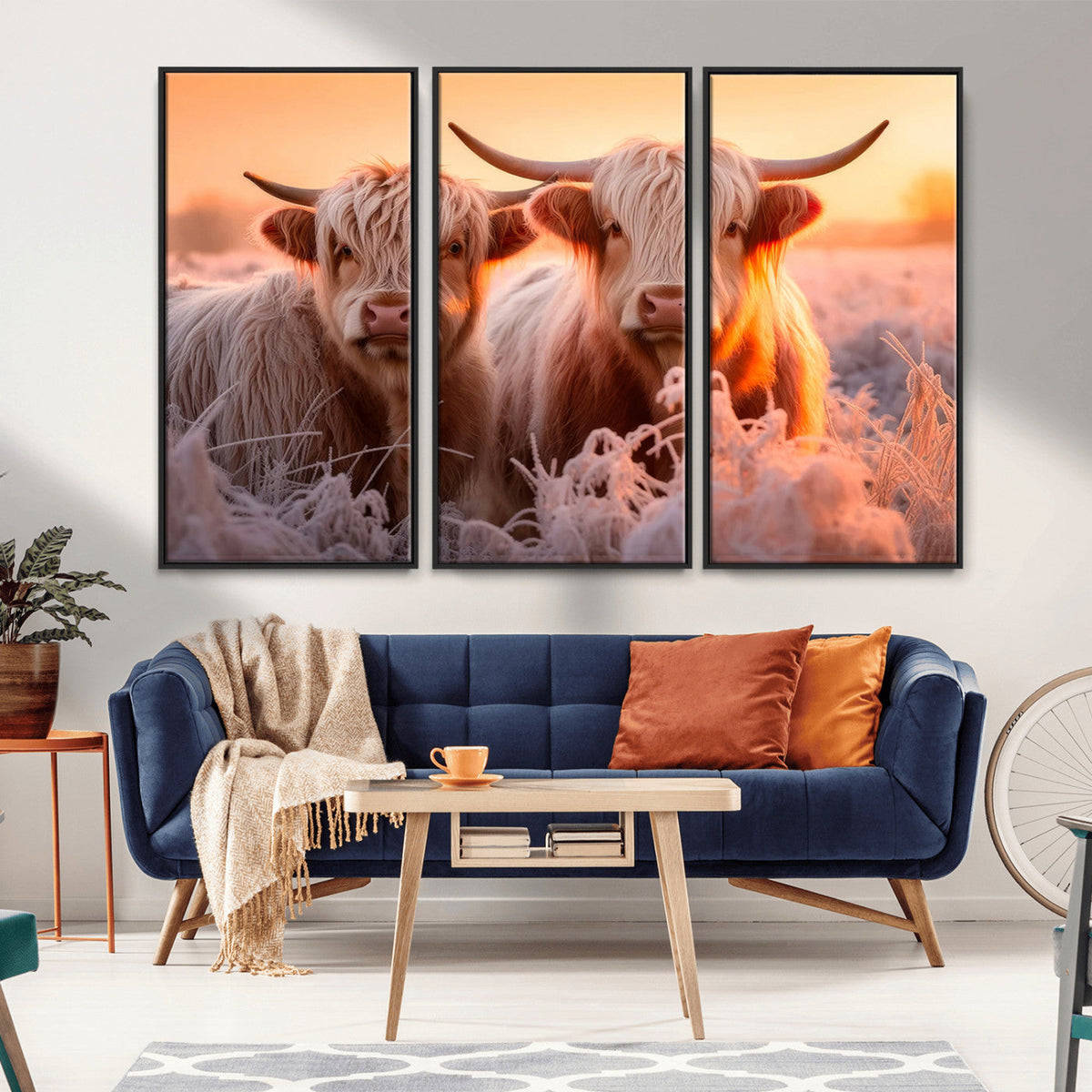 Highland Cows at Sunrise Wall Art Canvas Set – Serene and