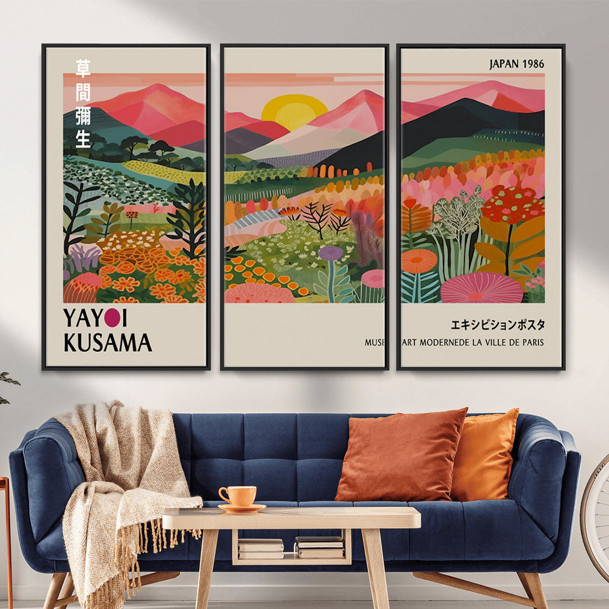 Yayoi Kusama Landscape Canvas Print, Vibrant Floral Mountain Art Print, Framed Botanical Wall Art -