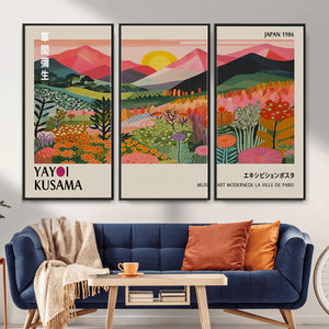 Yayoi Kusama Landscape Canvas Print, Vibrant Floral Mountain Art Print, Framed Botanical Wall Art -