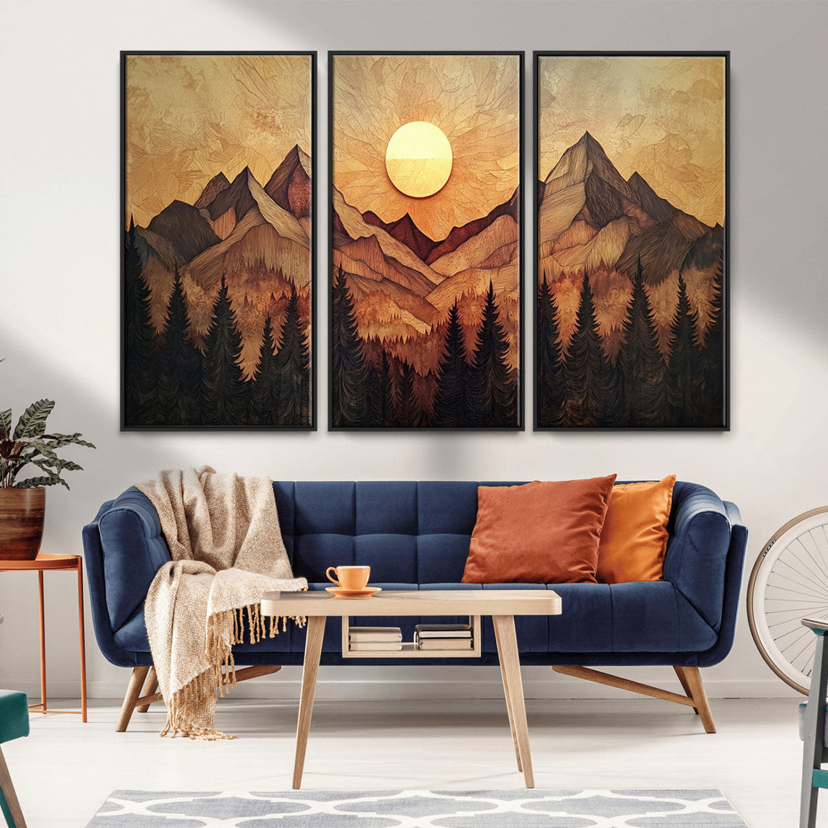Wood Style Abstract Mountain Sunset Canvas Wall Art Print -