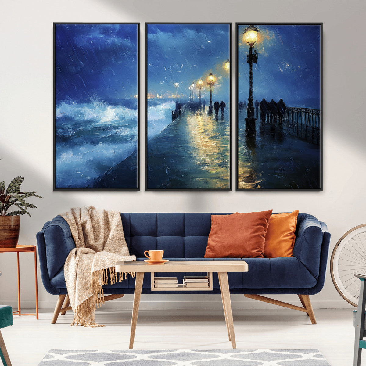 Storm Ocean Pier Canvas Wall Art Print - Large Moody Night