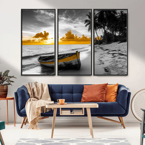 Yellow Rowboat Wall Art – Framed Tropical Shoreline Canvas
