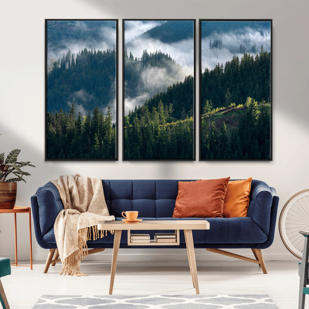 Misty Forest Wall Art Canvas Print, Serene Pine Hills and
