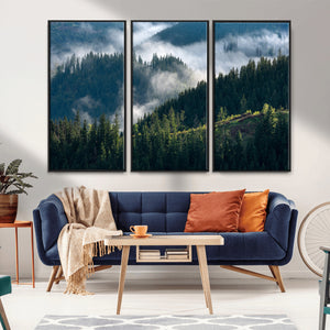 Misty Forest Wall Art Canvas Print, Serene Pine Hills and