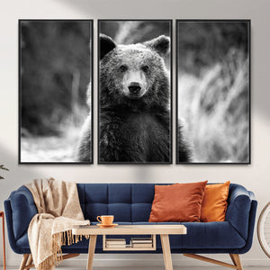 Grizzly Bear Wall Art Canvas Print – Framed Black White