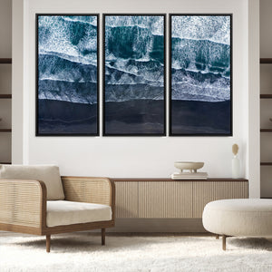Black Beach Wall Art Canvas Print – Framed Aerial Ocean View