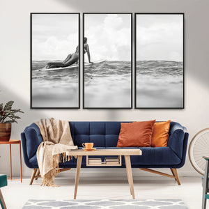 Black and White Surfing Wall Art Canvas Print – Framed Ocean