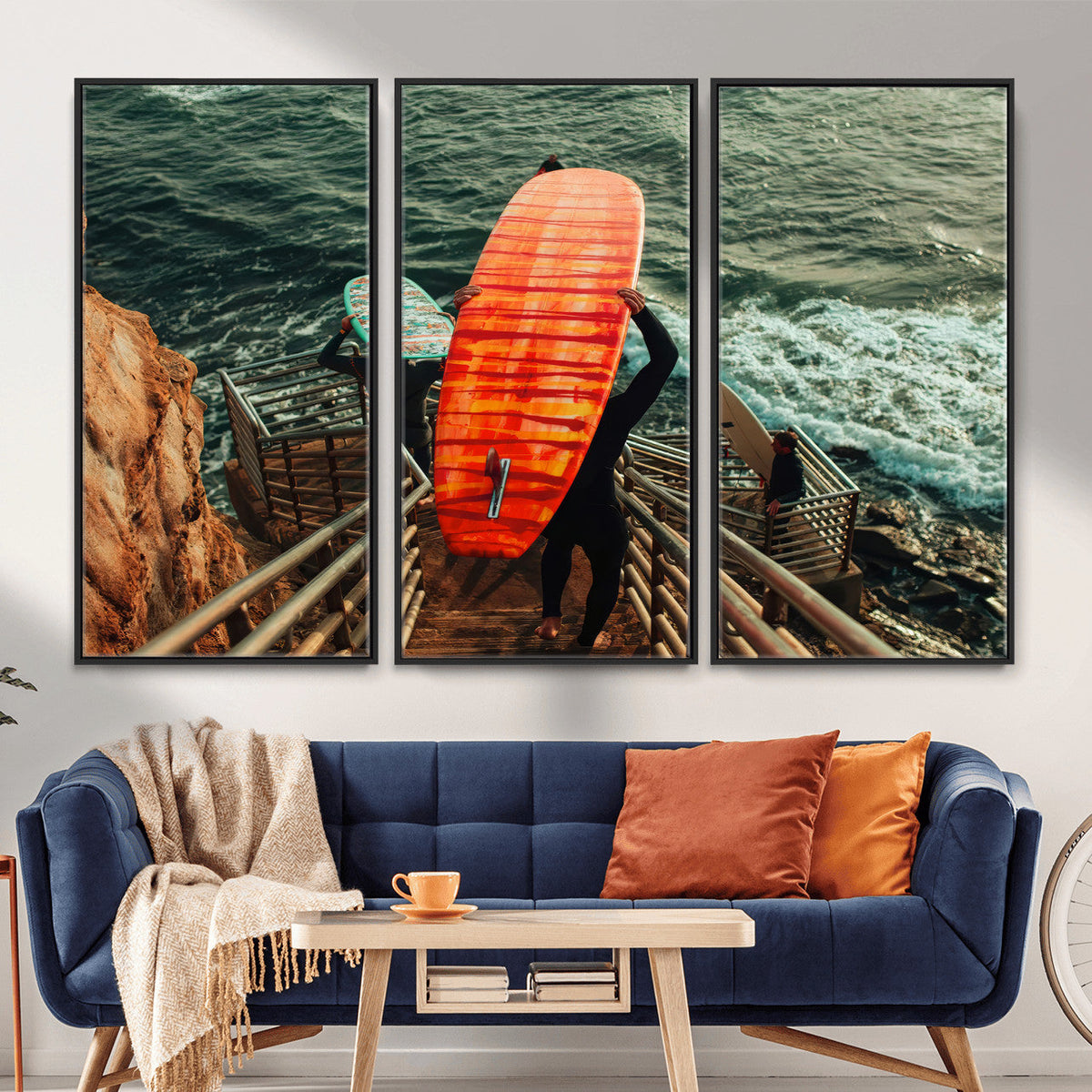 Surfer Stairway Wall Art – Framed Ocean Surf Canvas Artwork,