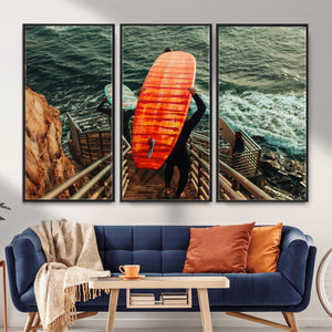 Surfer Stairway Wall Art – Framed Ocean Surf Canvas Artwork,