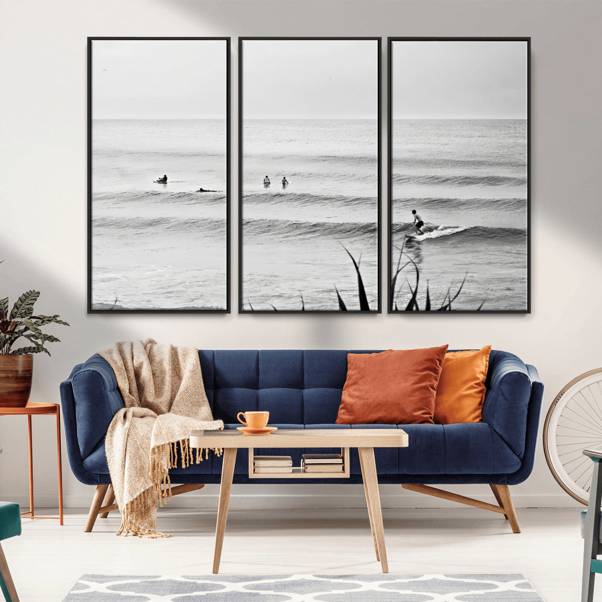 Surfer Silhouette Wall Art – Framed Calm Ocean Canvas