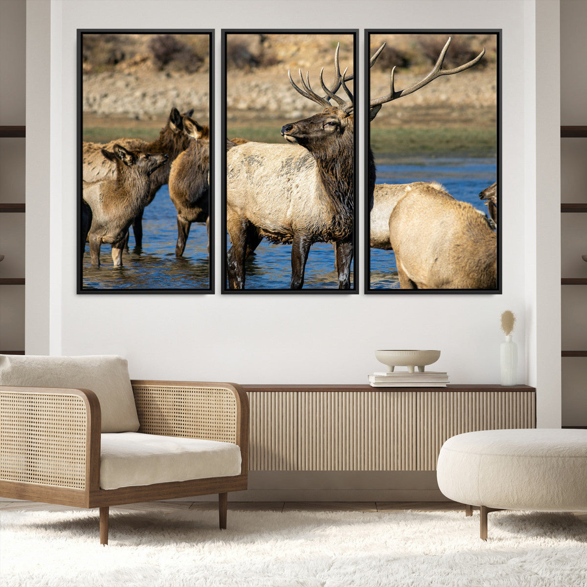 Wild Elk Wall Art Canvas Print – Framed Neutral Wildlife