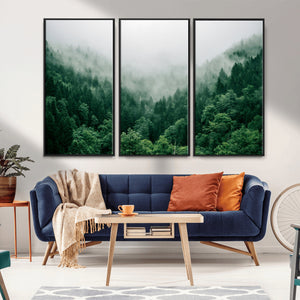 Misty Green Forest Canvas Print – Framed Serene Foggy Pine