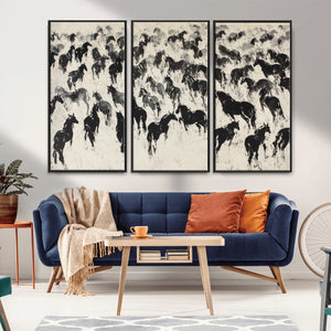 Wild Horse Stampede Wall Art Canvas Print – Monochrome