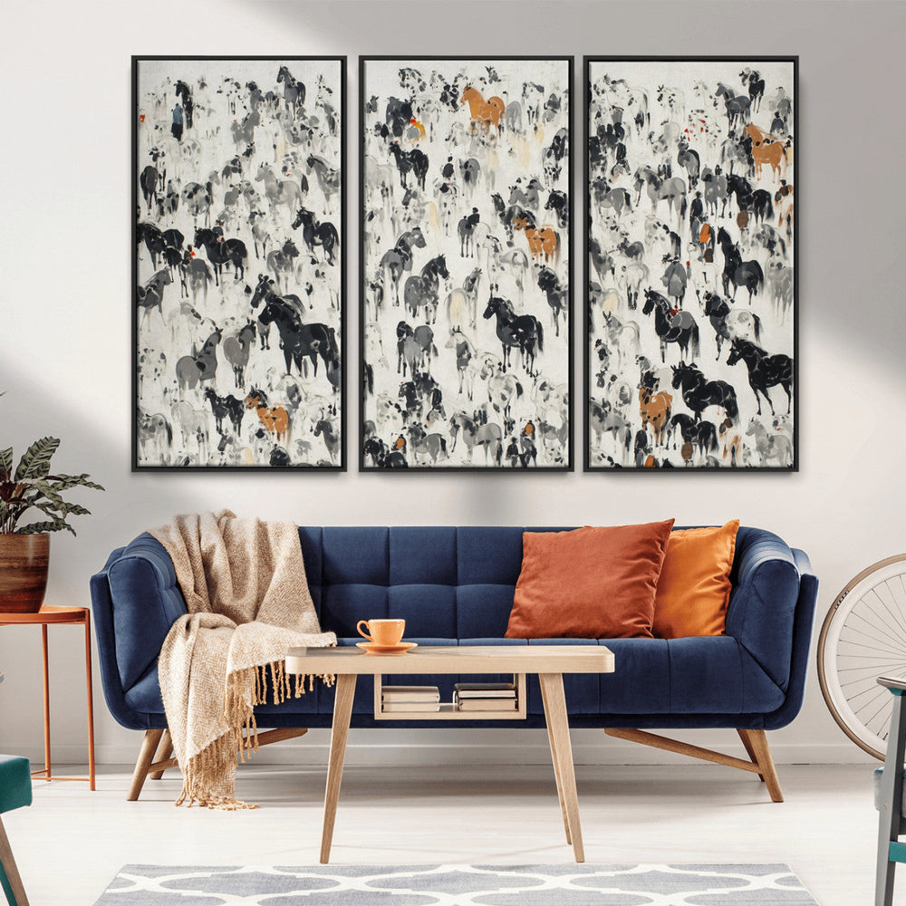 Wild Horse Stampede Wall Art Canvas Print – Monochrome