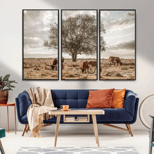 Texas Longhorn Cattle Wall Art, Rustic Western Ranch Canvas
