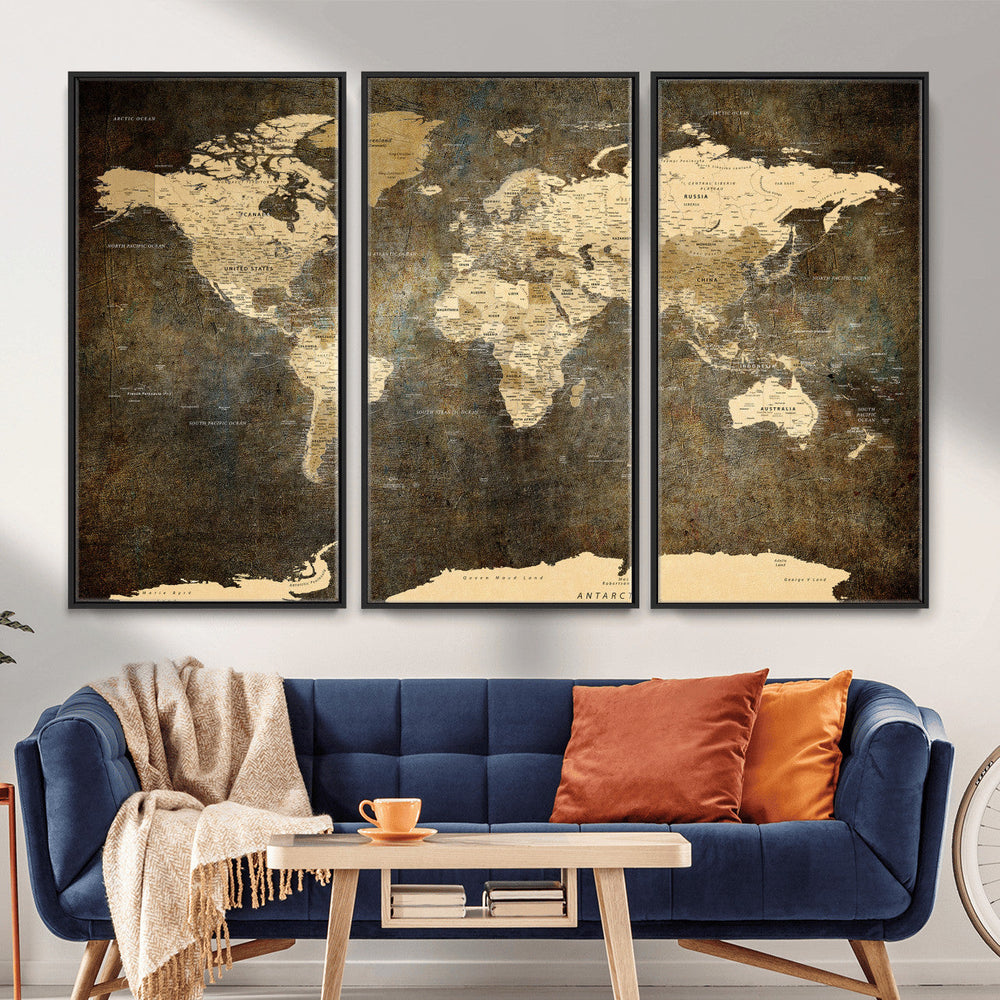 Large Framed Vintage World Map Wall Art Print for Home Wall