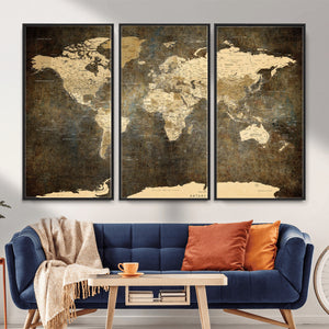 Large Framed Vintage World Map Wall Art Print for Home Wall