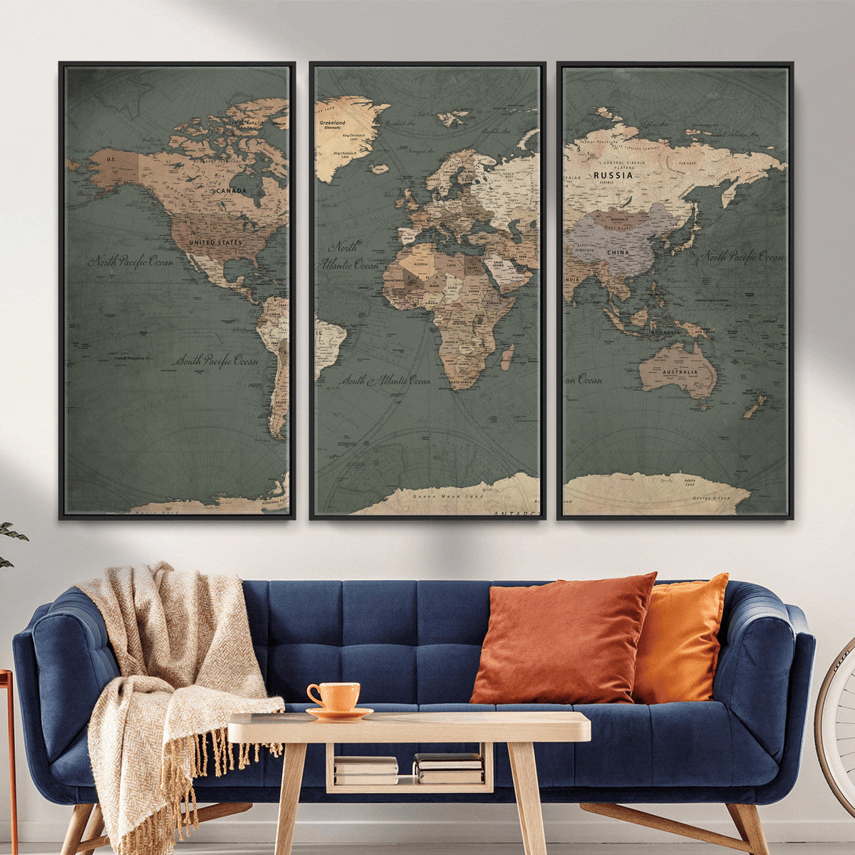 Rustic Black and Wood World Map Canvas Wall Art – Framed