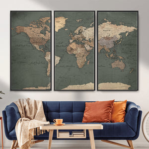 Rustic Black and Wood World Map Canvas Wall Art – Framed
