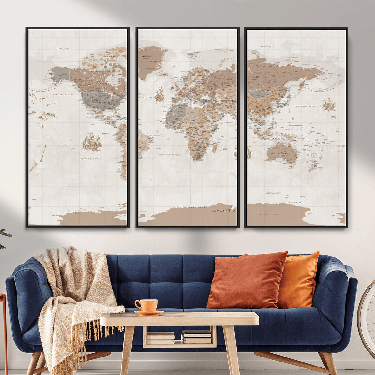 Framed Large World Map Canvas Print for Office Decor
