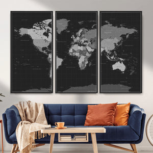 Black World Map Wall Art Canvas Print – Detailed Map of the