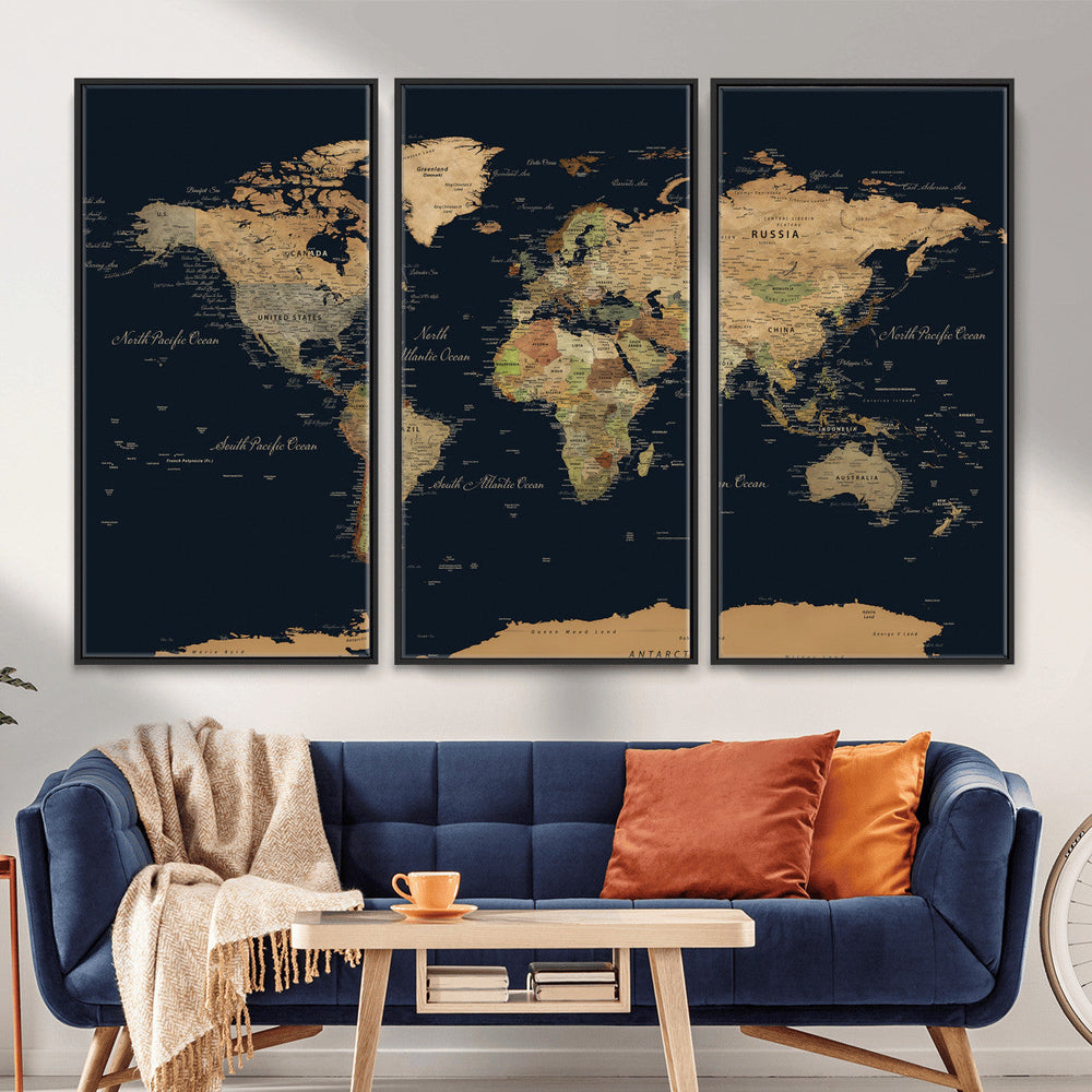 Vintage World Map Canvas on the Dark Background Wall Art
