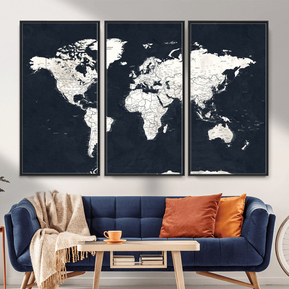 Black World Map Wall Art Canvas Print for Home Office and