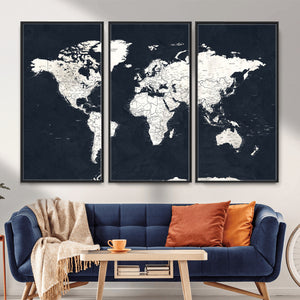 Black World Map Wall Art Canvas Print for Home Office and