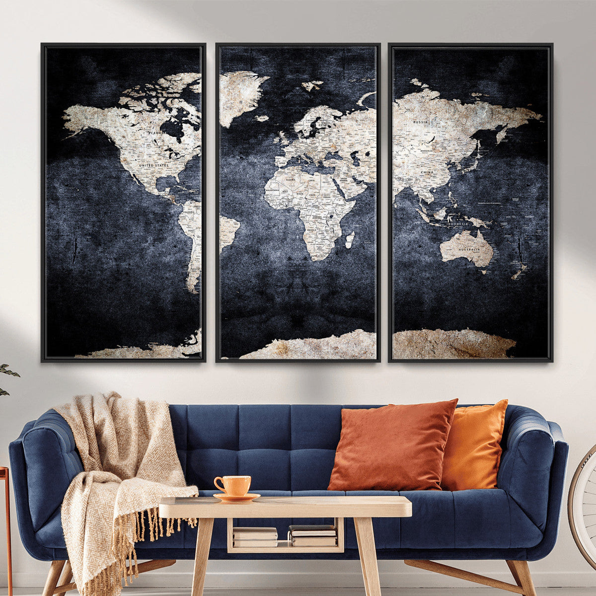 Vintage World Map Canvas Wall Art – Antique Triptych Map