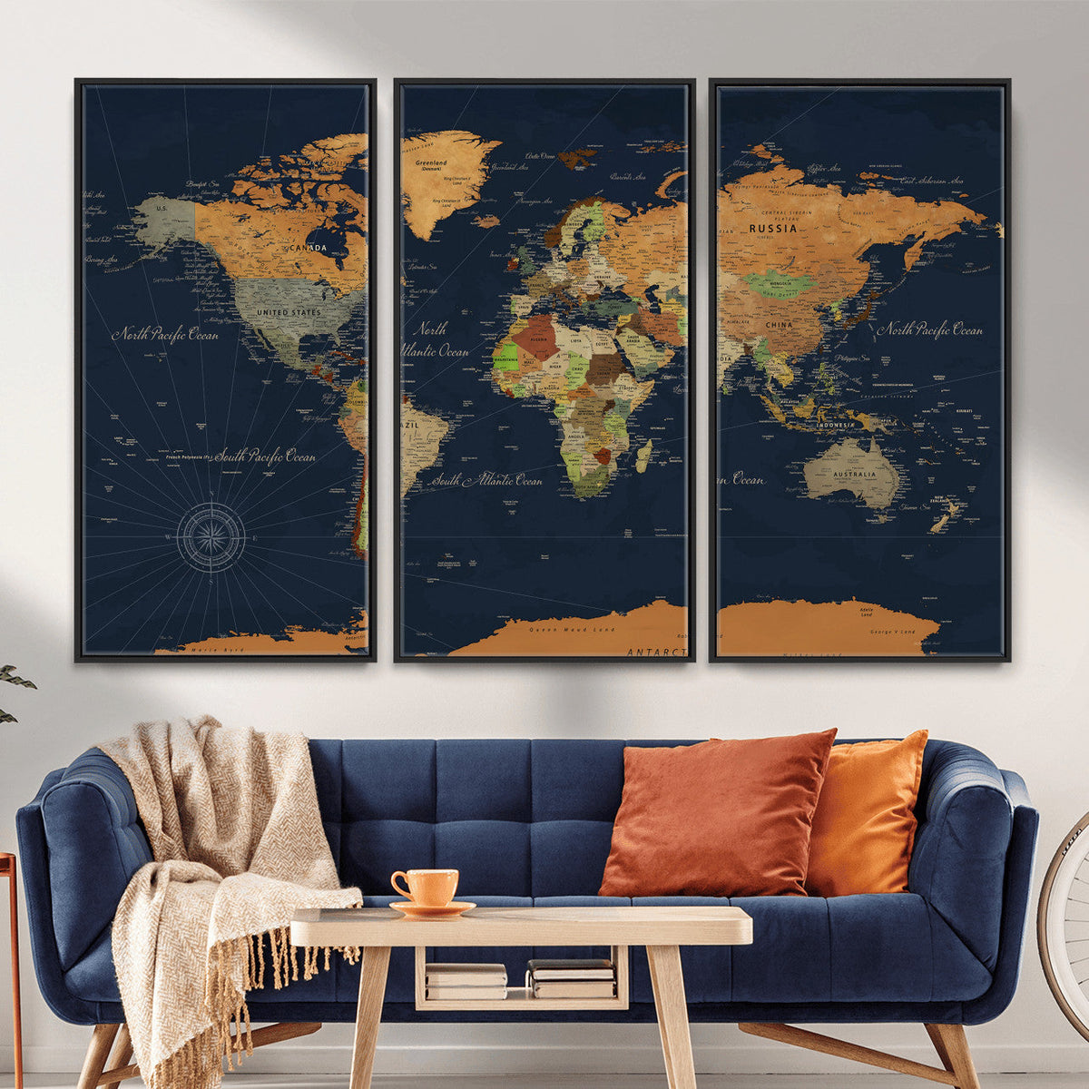 Modern World Map Canvas Print – Framed Detailed Map of the