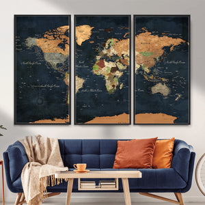 Vintage World Map Canvas Wall Art – Detailed Map with