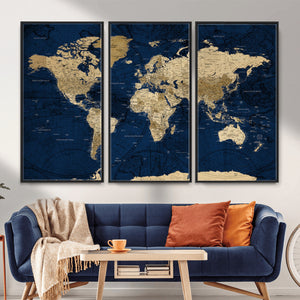 Navy Blue World Map Canvas Print – Detailed Map Minimal Navy