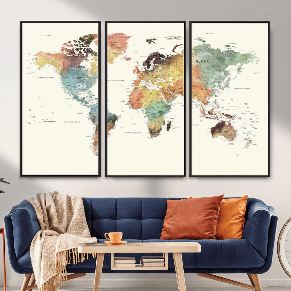 Framed World Map Wall Art Canvas Print for Living Room and