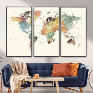 Framed World Map Wall Art Canvas Print for Living Room and