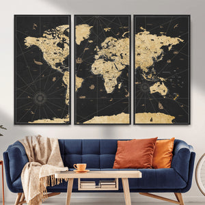 Vintage Blue and Brown World Map Canvas Wall Art – Framed