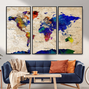 Watercolor World Map Canvas Print – Framed Wall Art for